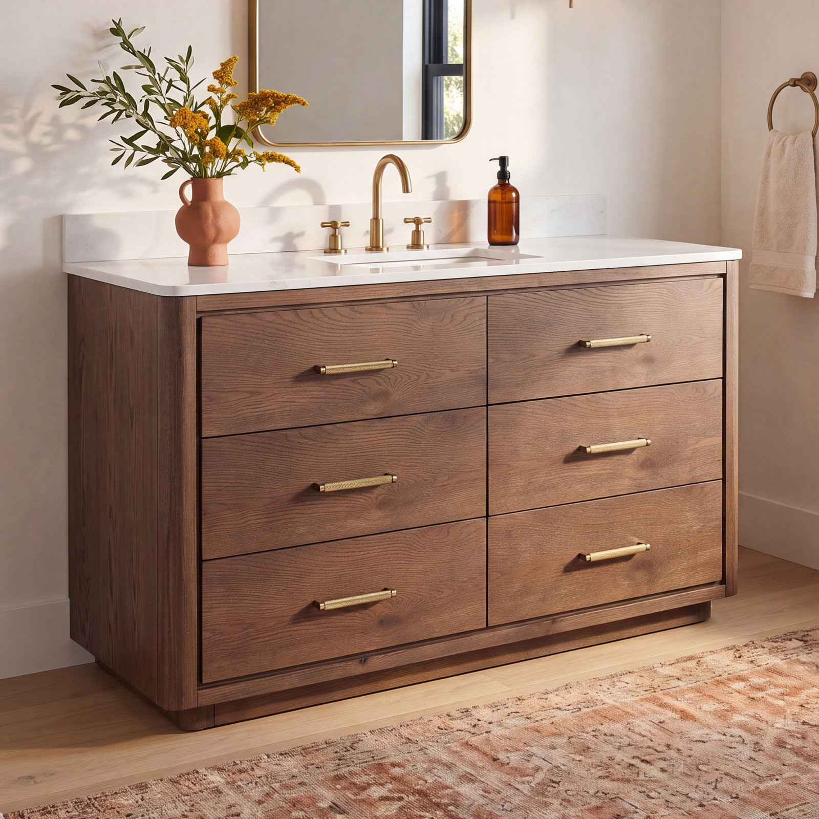 Porto 55'' Single Bathroom Vanity, Dark Brown Oak, Gold