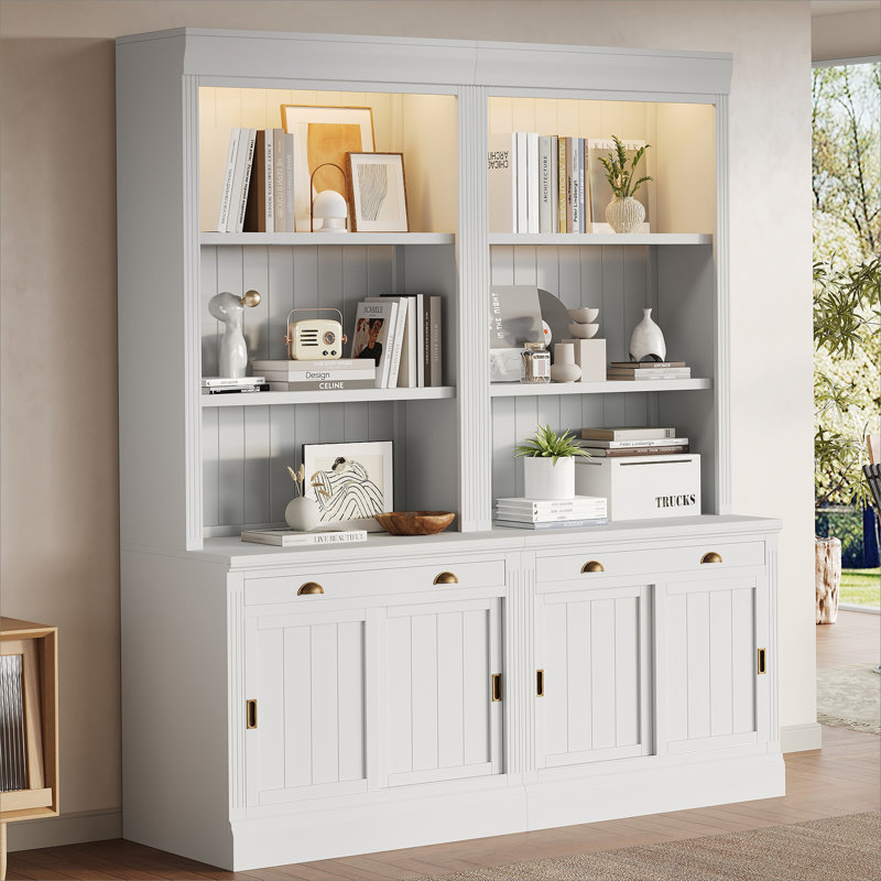 83.4"Tall Bookshelf Suite with LED Lighting, Modern Bookcase Suite with Sliding Doors,Drawers and Open Shelves,Storage Bookshelf for Living Room,Home Office,White