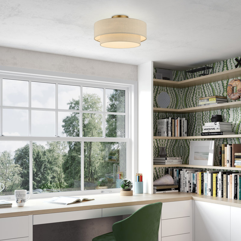 Bhagipuri Linen Blend Semi Flush Mount, Antique Gold Leaf, Cream, 9.75" H x 18" W x 18" D