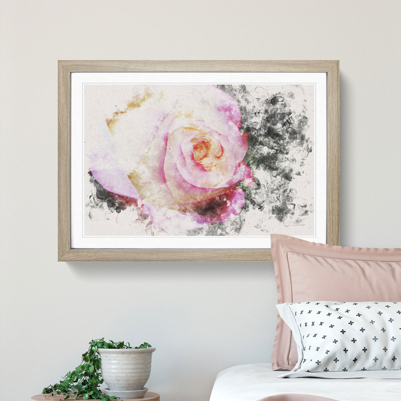 Pink Tipped Rose - Framed Print, 24cm H x 33cm W x 2cm D, Oak Framed