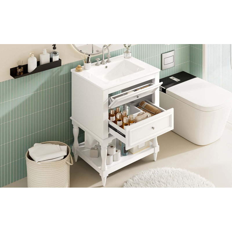 Meuble-lavabo 24 po avec lavabo en céramique, armoire de rangement rétro avec 2 tiroirs et tablette ouverte, Blanc