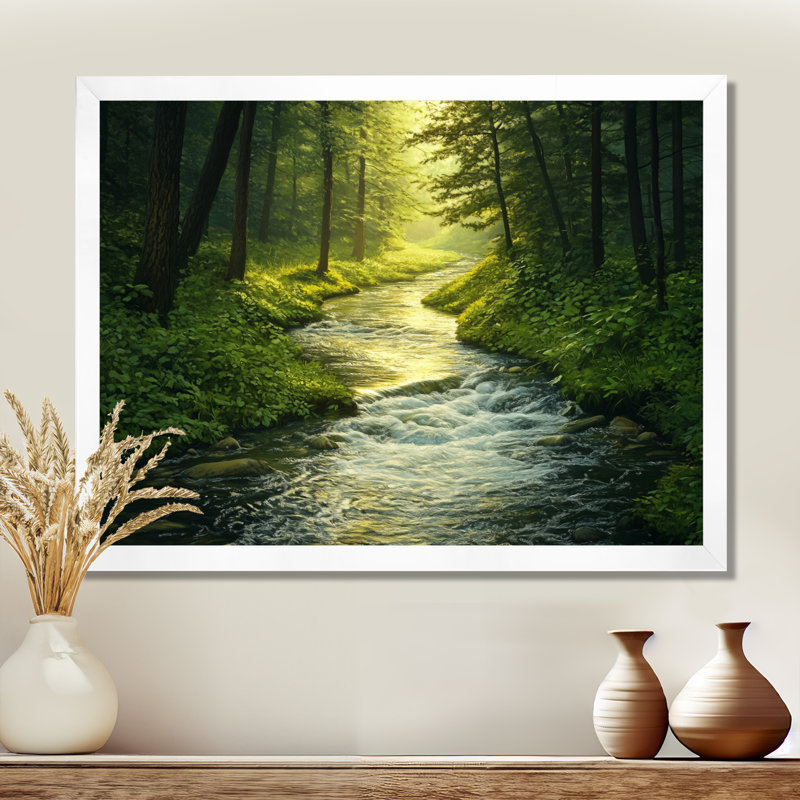 Lever du soleil vert émeraude, rivière forestière sinueuse II - Tableau encadré, H 16 po x l 32 po, White Picture Framed