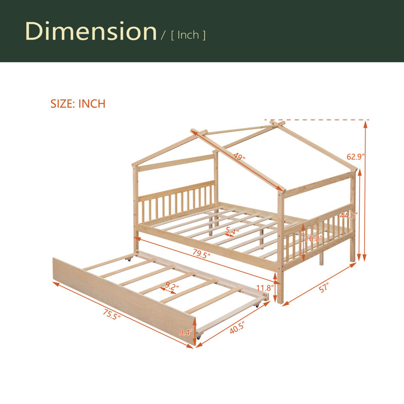 Wooden House Bed With Trundle, Natural, Full