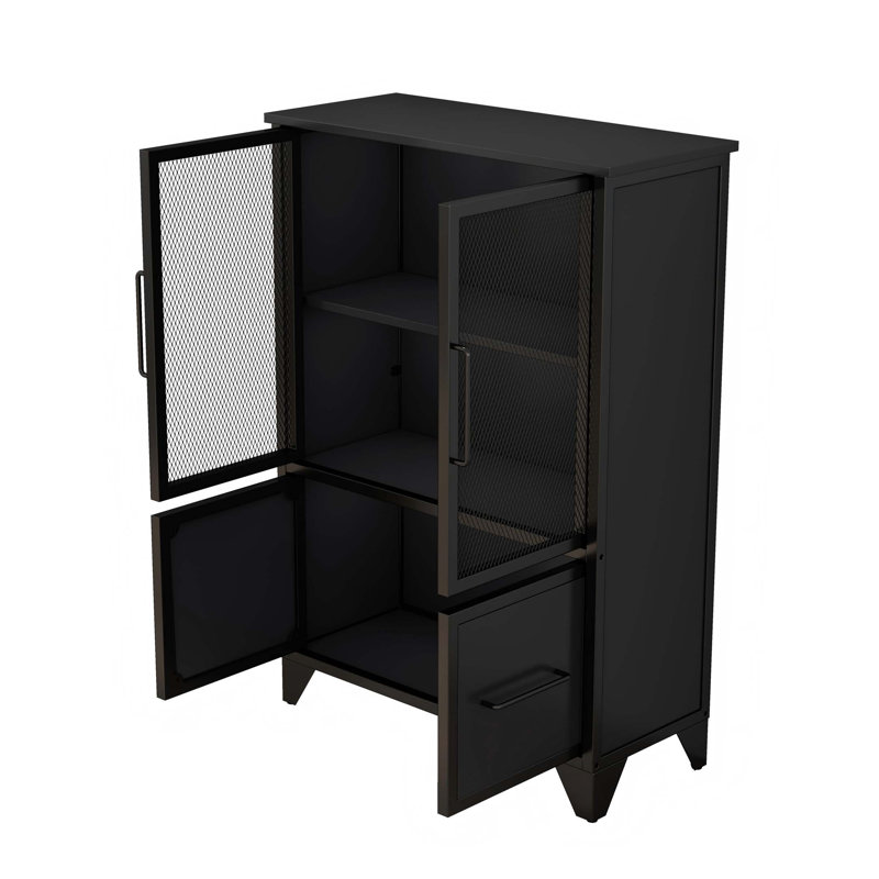 Sturdy Storage Cabinet with 4 Iron Doors and Adjustable Shelf, Black