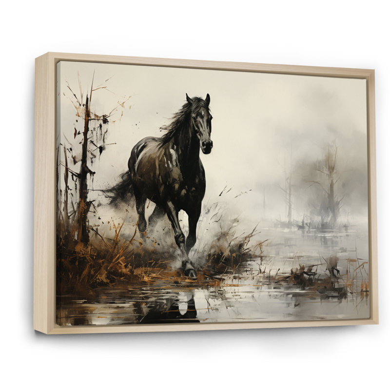 «Grey Horse Misty Morning Canter II», art mural cheval, H 16 po x l 32 po x P 1 po, Cadre flottant érable