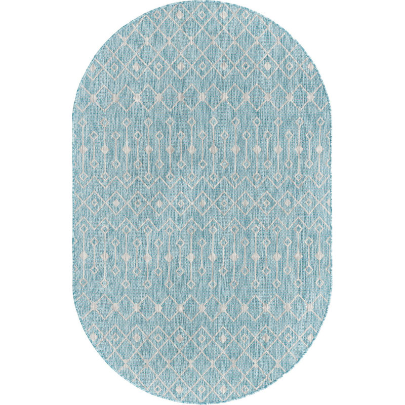Outdoor Preen Area Rug Blue Green Color, Oval 5'3" x 8'