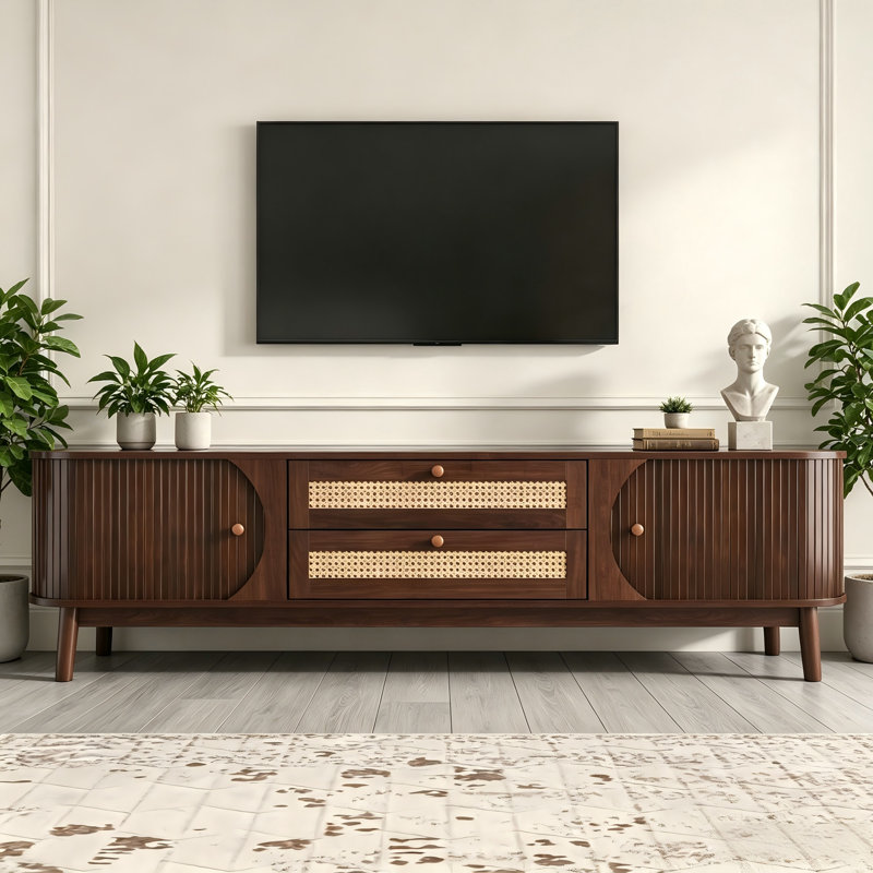  Country Dark Wood Rattan TV Stand with Storage Drawers for TVs Up To 80 Inch