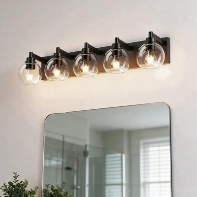 5-Light Matte Black Vanity Light, Modern Globe Glass Bathroom Wall Sconce For Mirror