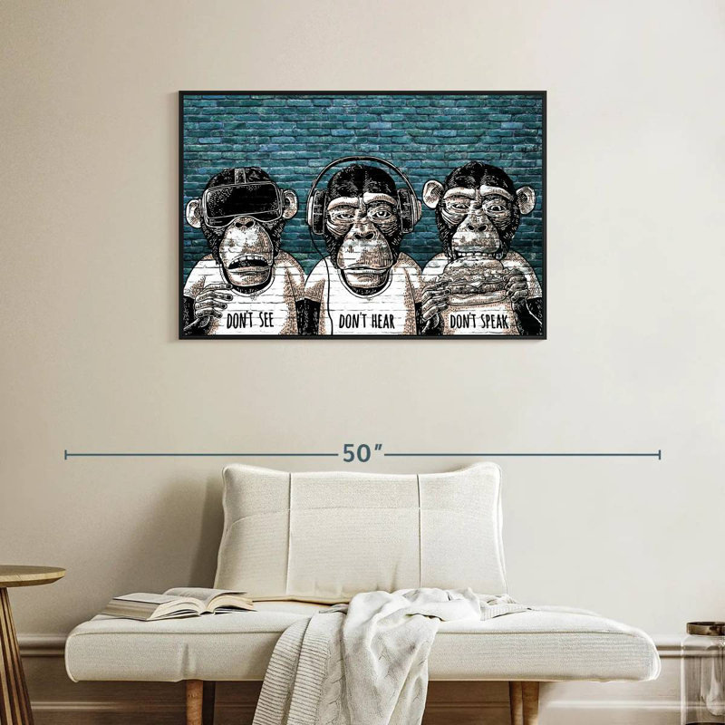 Trois singes, Cadre flottant noir, 37 po x 25 po
