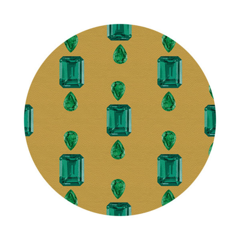 Gem Emeralds Gold Vegan Leather Round Coasters, Gold