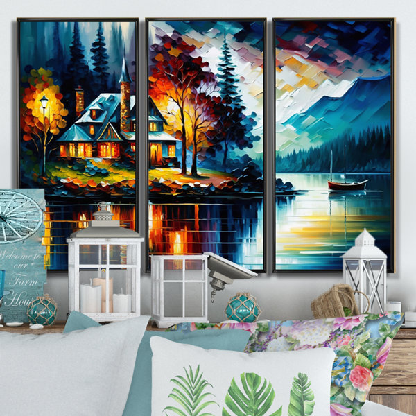 DesignArt Colorful Lakehouse By The Lake IV Framed On Canvas 3 Pieces ...