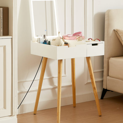 Coiffeuse de maquillage avec lumières à DEL 3 couleurs et tiroirs de rangement, look naturel pour bureau de chambre à coucher, miroir blanc 2 pièces de style moderne,