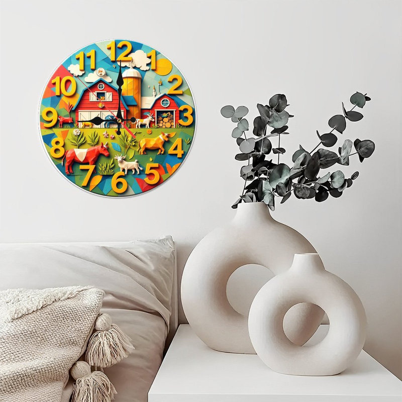 animaux de ferme horloge design coloré géométrique