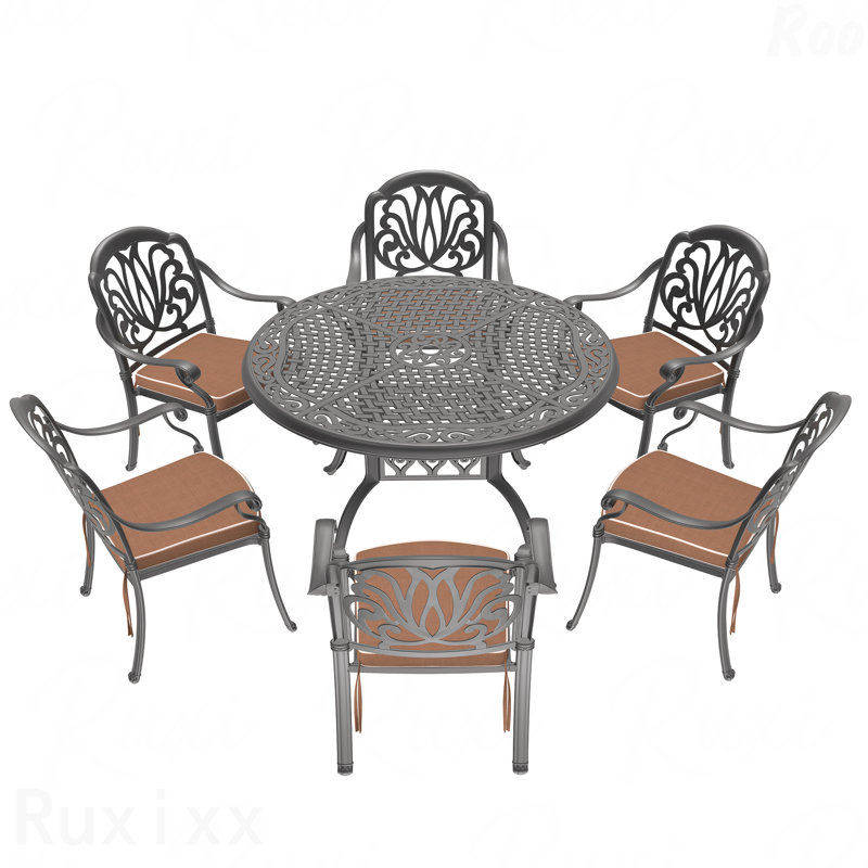 Ensemble de 7 pièces de mobilier de patio en aluminium coulé avec cadre noir et coussins de siège bruns