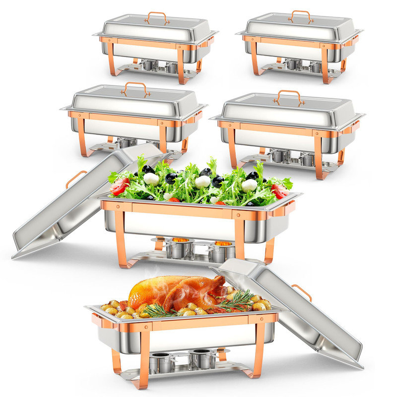 Ensemble de 6 réchauds à buffet 8QT - Réchaud pliable en acier inoxydable, rectangulaire, or rose