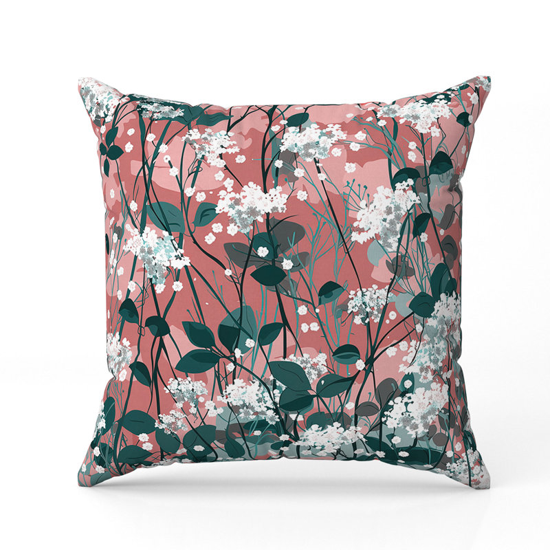 Coussin décoratif encre et feuille, H 20 po x l 20 po, Vert/rose