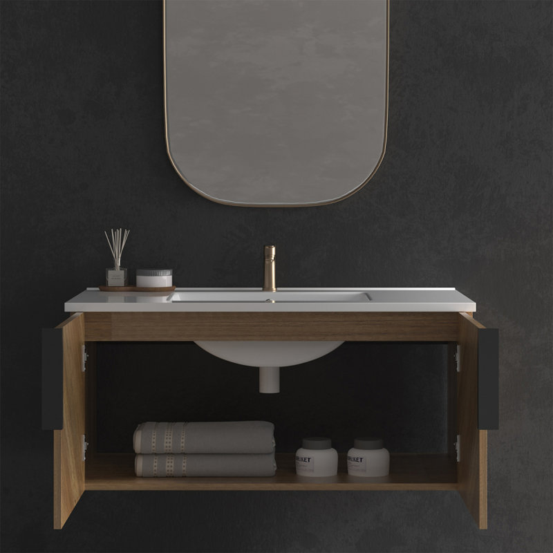Meuble-lavabo mural 36 po avec panneau cannelé 3D et lavabo intégré en céramique