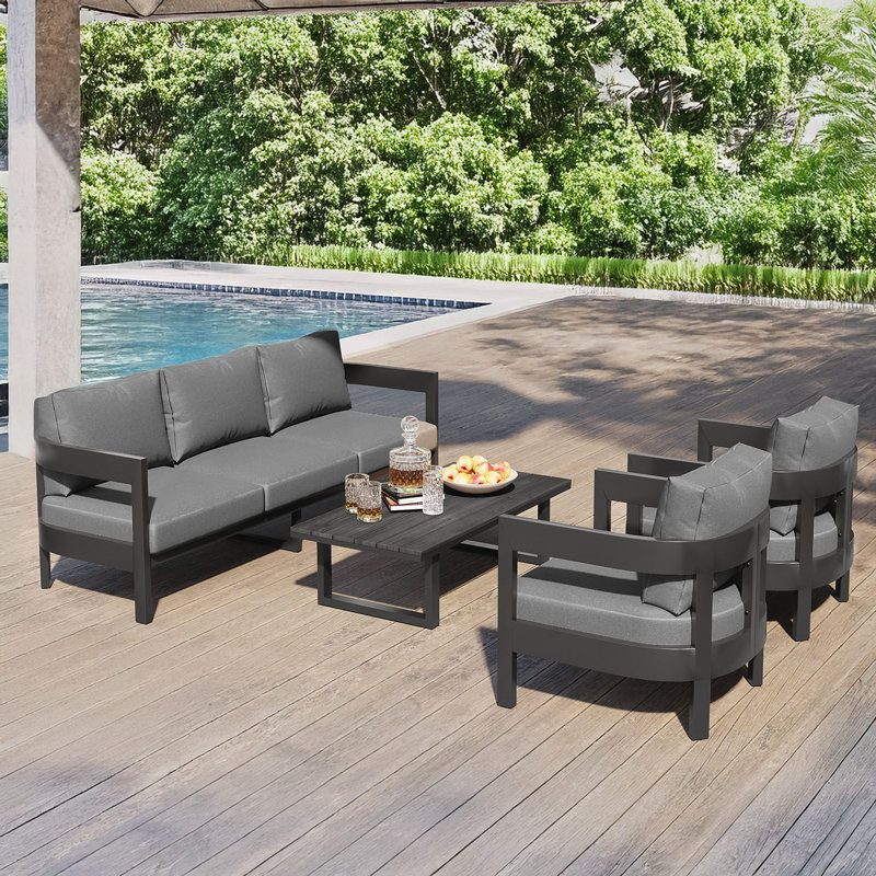 4-Piece Outdoor Conversation Set with Thick Cushioned Seating and Coffee Table, Gray