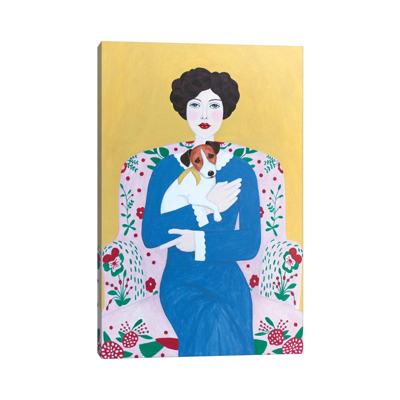 Woman With Jack Russell On Armchair by Sally B - Gallery-Wrapped Canvas Giclée on Canvas, 20.32 cm H x 30.48 cm W, Canvas