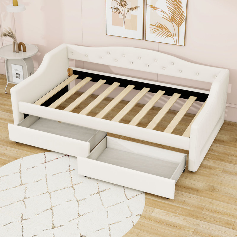 Lit de jour simple rembourré TG avec éclairage DEL et 2 tiroirs, Beige
