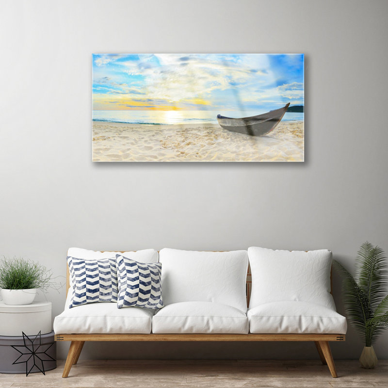 Glass Print Wall Art 100X50cm Image Printed On Glass Decorative Wall Picture Behind Toughened / Tempered Safety Real Glass For Kitchen & Living Room Theme: Boat Beach Landscape