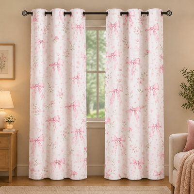 Lot de 2 rideaux occultants à œillets, imprimé floral et nœud rose, charmants rideaux à motif aquarelle, réduction du bruit et protection de l'intimité, décoratifs pour la chambre, le salon, la cuisine et la décoration intérieure.