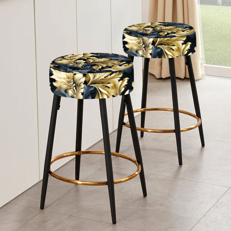 Ensemble de 2 tabourets de bar damassés Glamour II bleu foncé et dorés