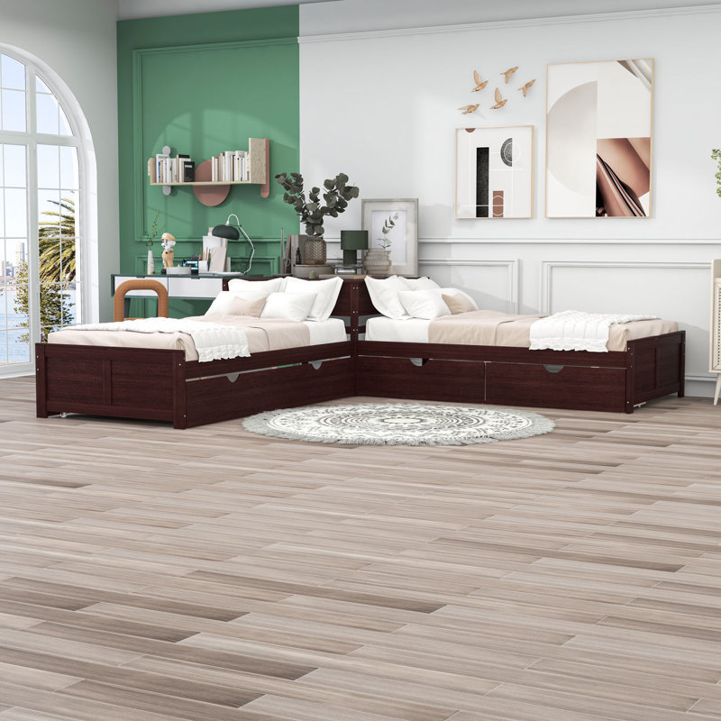 Divyanshi Twin Size L-shaped Platform Bed with Trundle and Drawers, Espresso