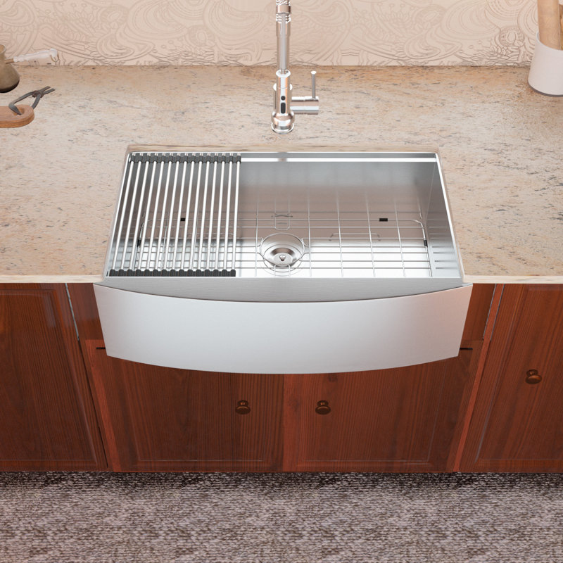 30'' L x 21'' W Farmhouse Workstation Stainless Steel Single Bowl Kitchen Sink with Cutting Board, Sink Grid, Roll-up Rack, Strainer and Colander