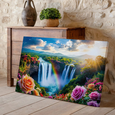 Reproduction d'art sur toile, "Un paysage fantaisiste éclatant avec une cascade majestueuse en cascade", "Falaises rocheuses entourées de verdure luxuriante"