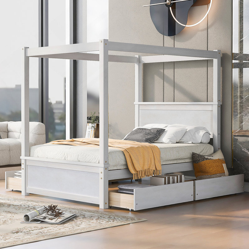 Wood Canopy Bed with Four Drawers ,Full Size Canopy Platform Bed with Support Slats