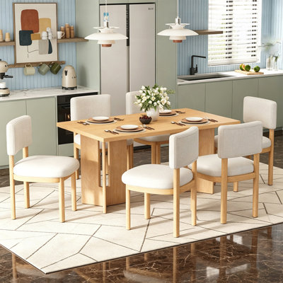 Farmhouse Wood Dining Table Set for 6 with Upholstered Chairs, 60 Inch Rectangular Table with Cutout Legs for Home