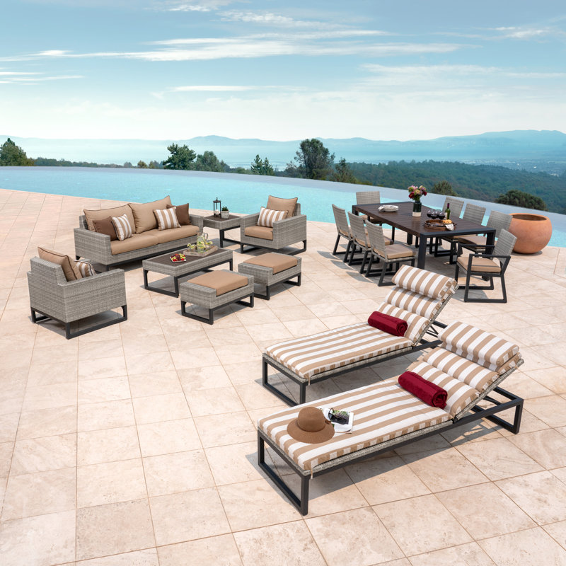 Ensemble de patio 18 pièces en rotin avec coussins Sunbrella, Beige, Gris