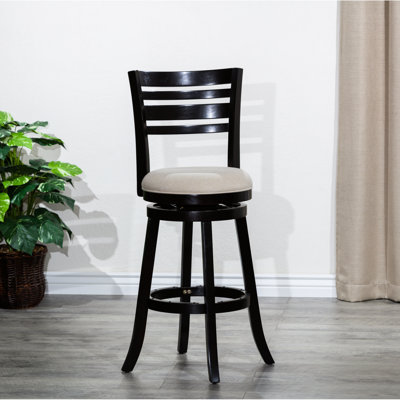 Tabouret de bar pivotant à lattes de 30 po. Siège en tissu beige. Bois franc. Coussin confortable. Rehausse la beauté du tabouret de beauté. Dossier. Fabrication. Convient à divers thèmes