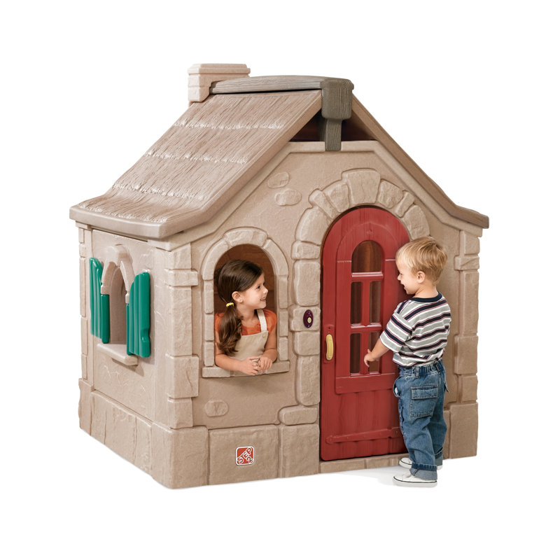 Naturally Playful Brown Plastic Cottage Playhouse with Red Door