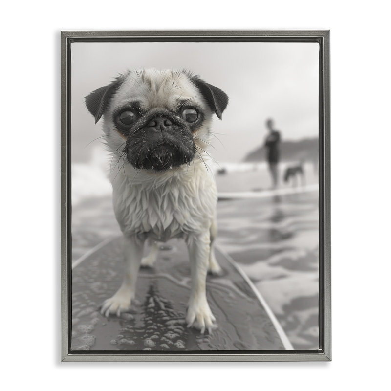Art mural Boogie Pug Surfing Floater, par Sophie 6, H 21 po x l 17 po, Cadre flottant gris lustré