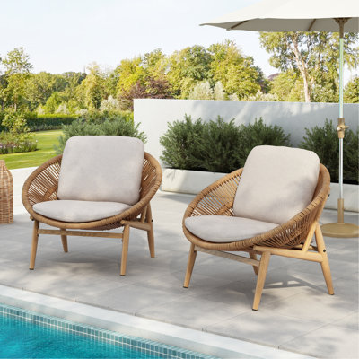 Chaise longue d'extérieur en osier brun pâle avec coussin beige, ensemble de 2
