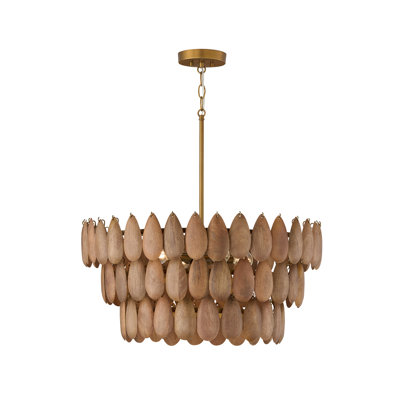 Luminaire suspendu 4 lumières l 24,5 po x H 8,75 po en laiton patiné et bois de manguier fabriqués à la main