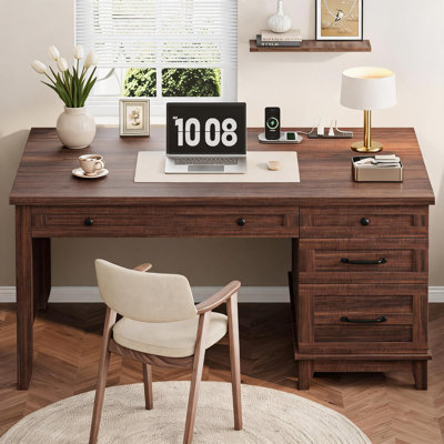 Executive Desk with Drawers, Farmhouse Home Office Desk with Charging Station, 53.54" Wooden Computer Desk with File Cabinet Storage for Work Study Writing