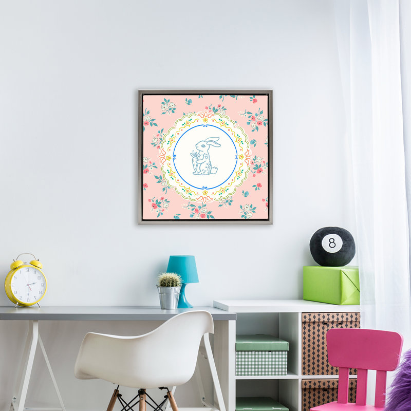 Cadre flottant Whimsical Spring Bunny, design par Angela Steahling, H 25 po x l 25 po, Cadre flottant gris lustré