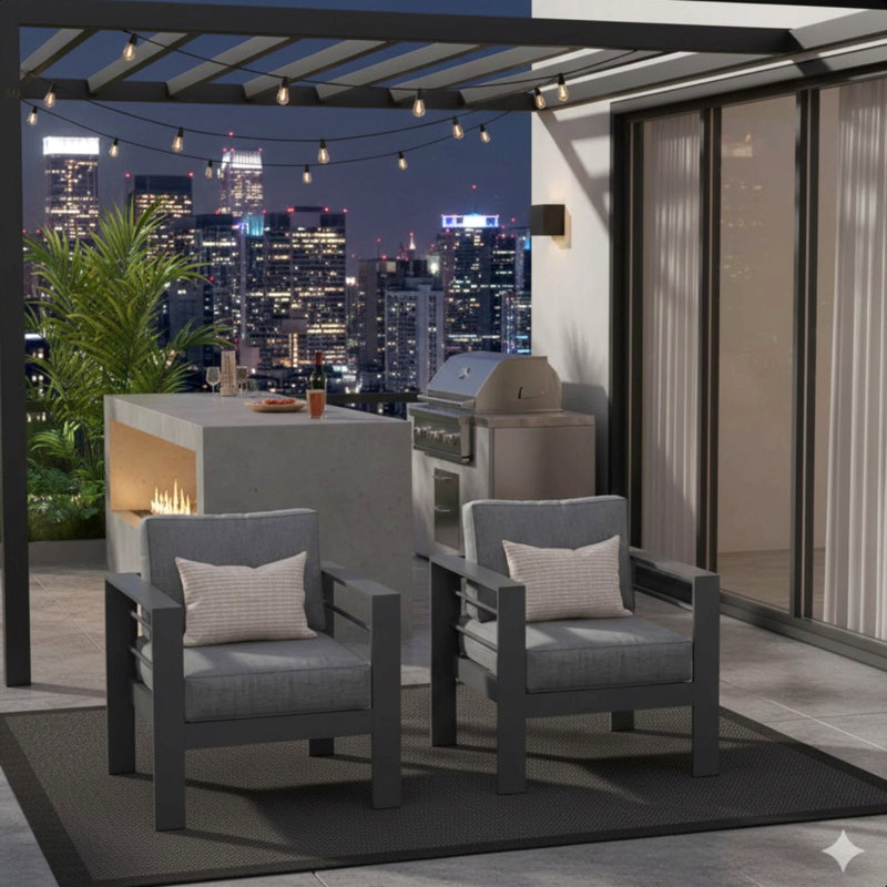 2-Pack 28" All-Weather Aluminum Patio Armchairs With Thick Dark Gray Cushions & Gray Frame, Gray, Dark Gray