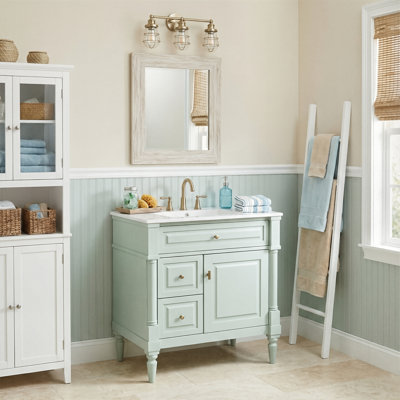 30" Freestanding Bathroom Vanity With Ceramic Sink, Solid Rubberwood Frame, Storage Cabinet With Flip Drawer & Storage Rack