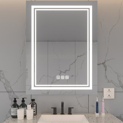 Miroir de salle de bain 32 po x 24 po avec DEL, fonction 5 minutes, 3 couleurs réglables, miroir lumineux pleine réflexion, désembuage, réflexion, conception murale