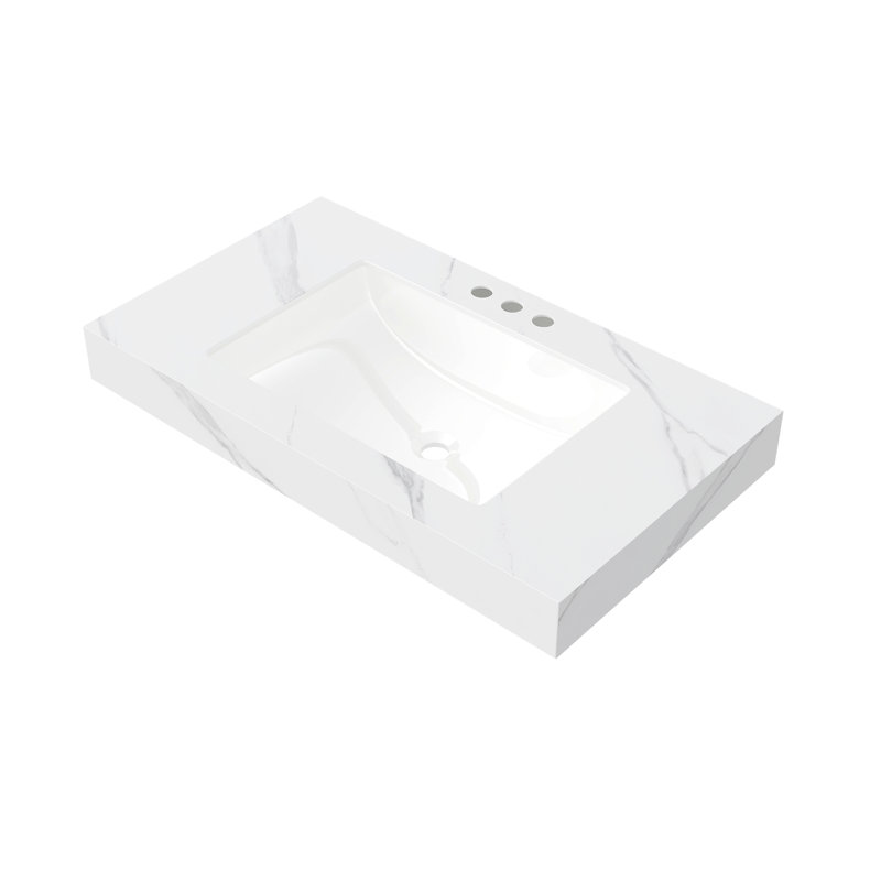 Lavabo sous-comptoir en céramique 36 po avec comptoir en pierre frittée blanche, trois trous de robinet pré-percés standard, Scratch, feu 18,82 po, température élevée