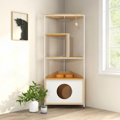 Tour d'angle pour chat, arbre à chat avec poteau à griffer, maisonnette pour chat avec station d'alimentation et plateformes d'escalade, meubles pour animaux domestiques pour chats