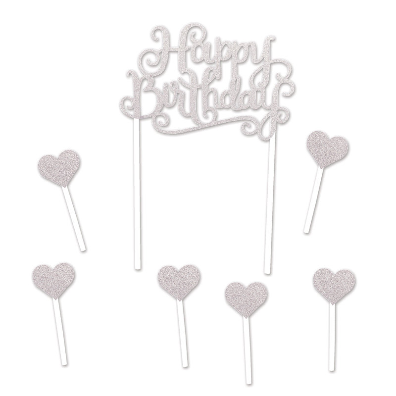 Happy Birthday Cake Topper, Argent