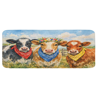 Tapis de cuisine Highland Cow, trois vaches de ferme avec des bandanas et une couronne de fleurs dans un mur de ferme Meadow, grand tapis décoratif en peluche avec envers antidérapant, 47 po x 19 po