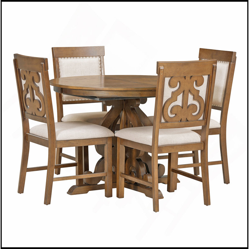5-Piece Retro Functional Dining Set, 1 Extendable Table With A 16-Inch Leaf And 4 Upholstered Chairs For Dining Room And Kitchen