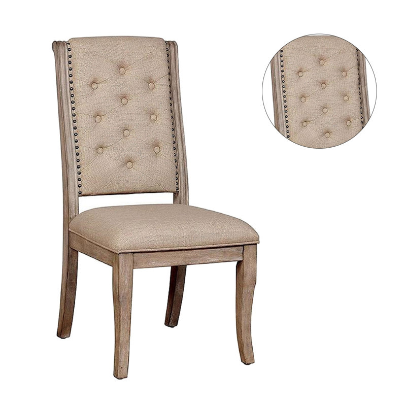 Beige Upholstered Side Chair with Rustic Wood Frame, Set of 2