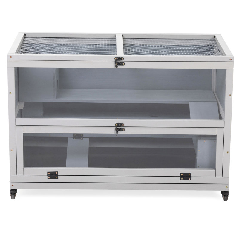 Cage en bois gris pour hamsters, avec des tunnels, un plateau amovible, des roulettes, un plateau et un devant ouverts et des hamsters élégants en gris, aire de jeu à plusieurs niveaux